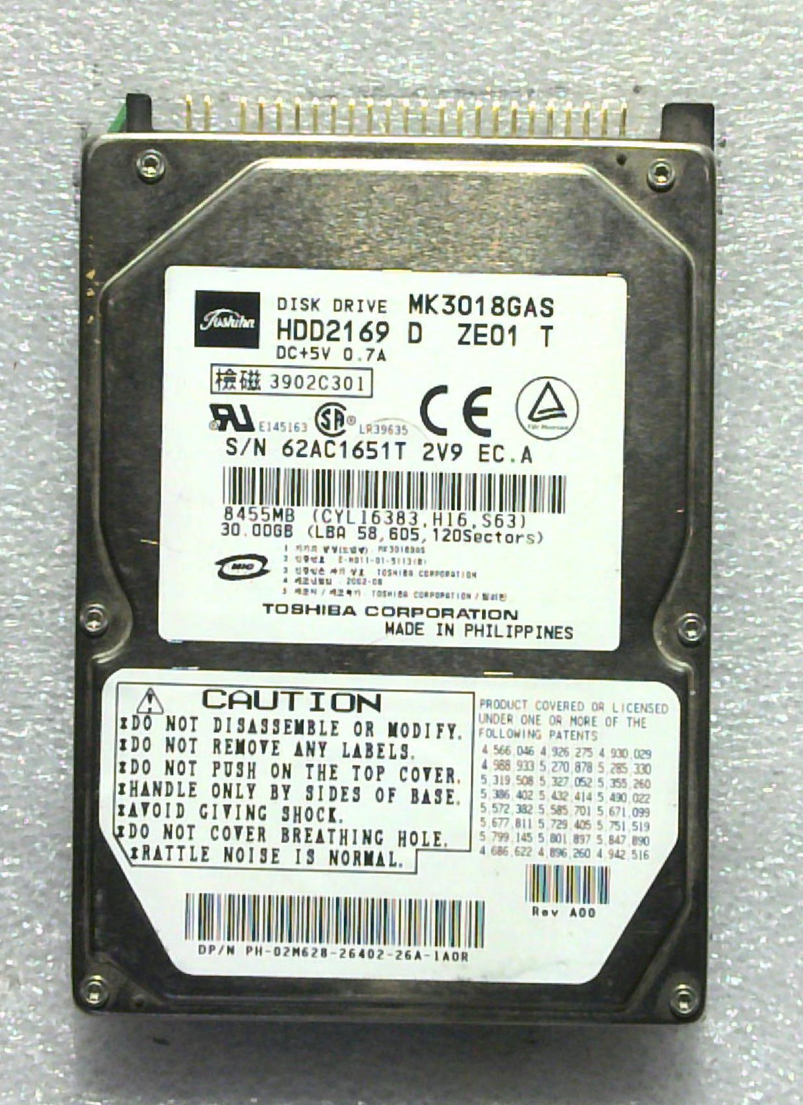 Toshiba - MK3018GAS - 30GB - HDD2169 D ZE01 T - SN: 62AC1651T