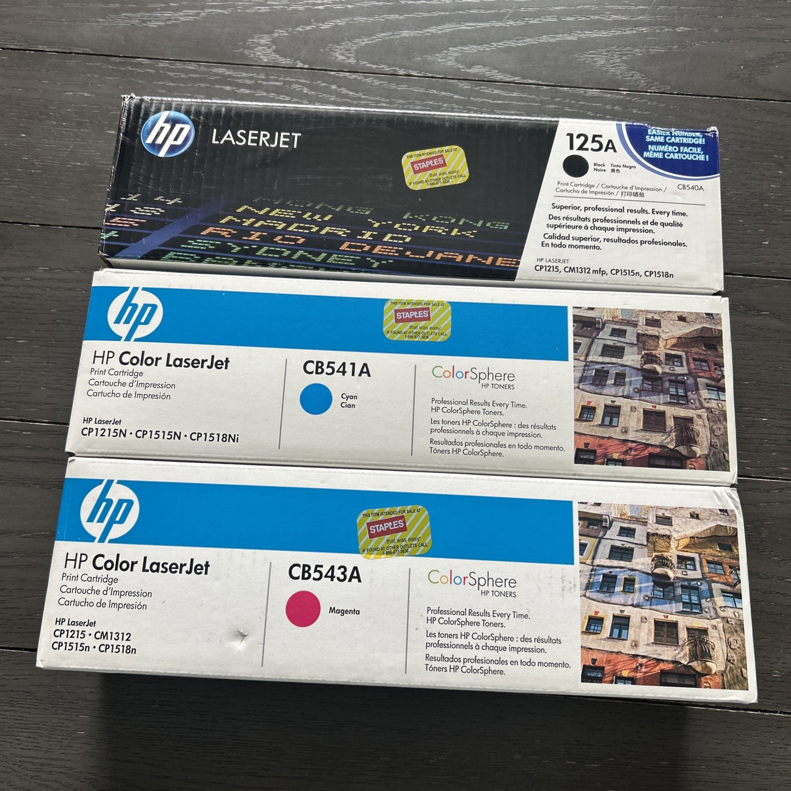 GENUINE SET 3 HP LASERJET 125A TONERS CB540A CB541A CB543A Open Box