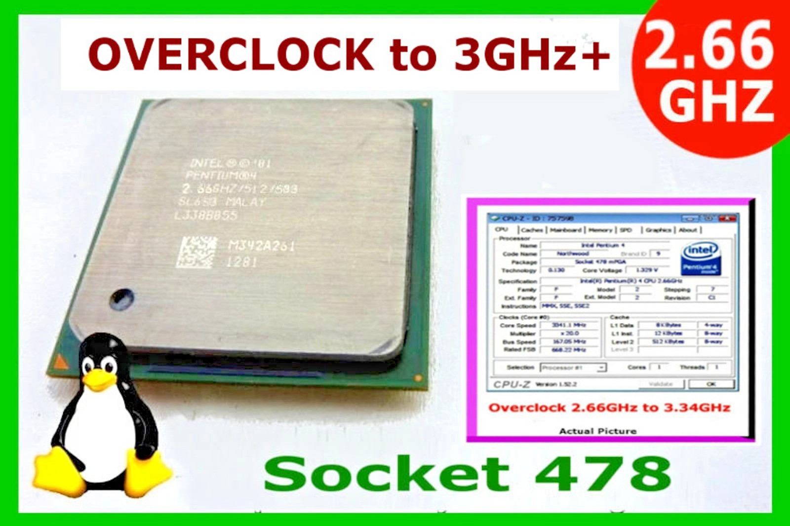 Overclockable Pentium 4 Socket 478 2.66 GHZ CPU . 2.66/512/533 OC to 167/512/668