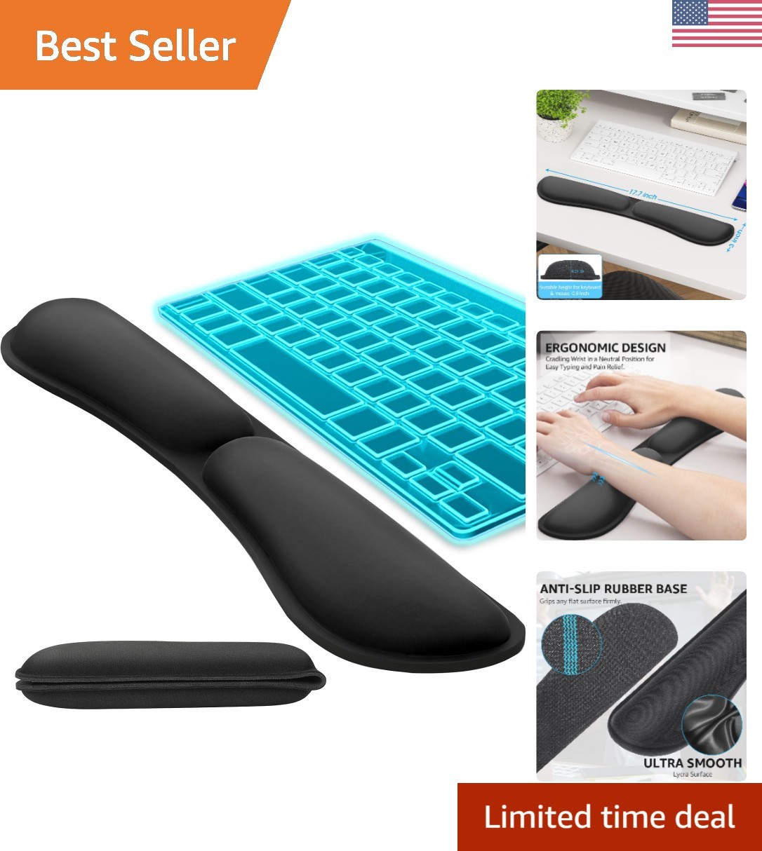 Sleek Ergonomic Wrist Rest in Black - Memory Foam with Smooth Lycra Cover