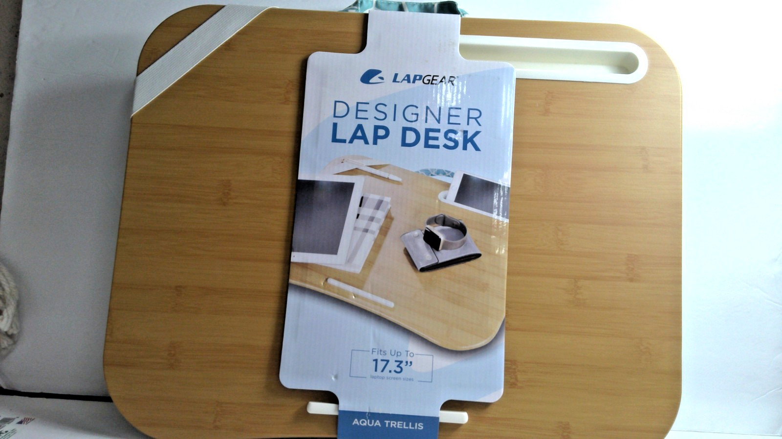 Designer Lap Desk with Holder and Device Ledge - Aqua Toile - Fits up to 17.3"