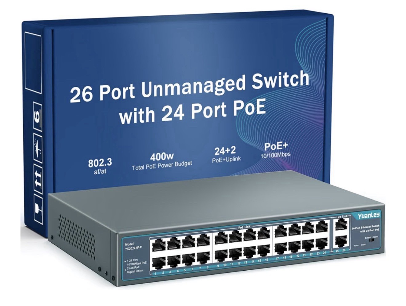 Yuanley 24 Port PoE Switch with 2 Gigabit Ethernet, 26 Port Unmanaged | New Open