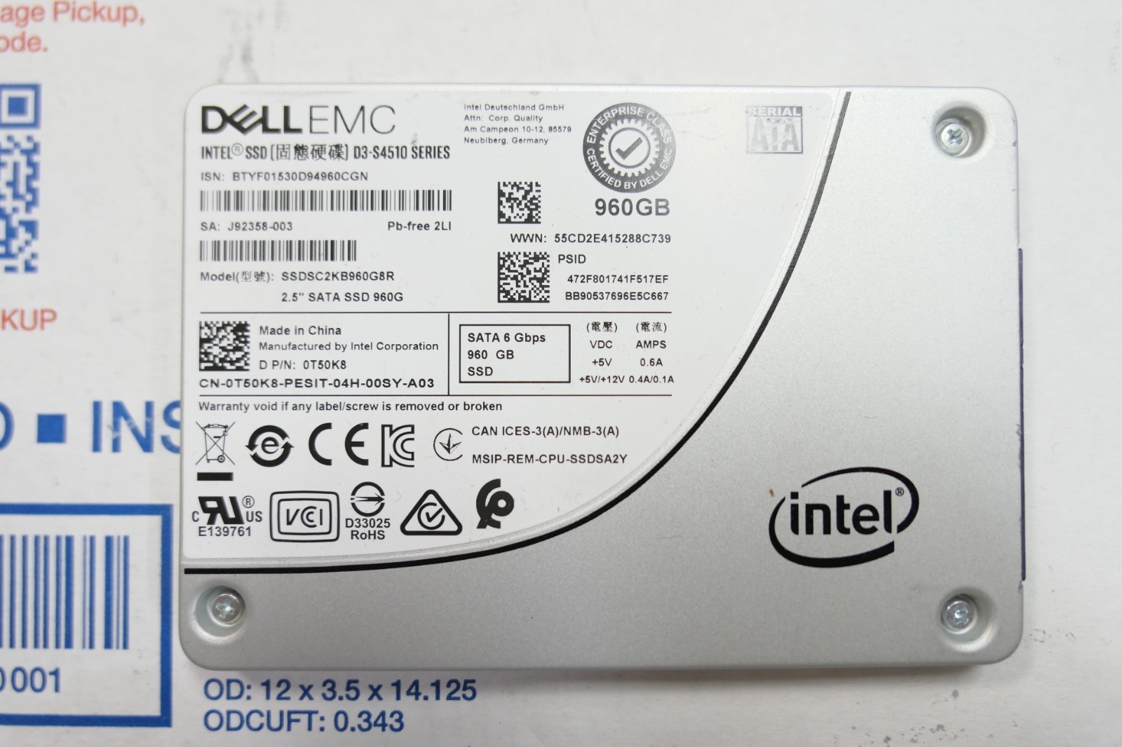 Dell EMC 0T50K8 Intel D3-S4510 960GB SATA 2.5" Enterprise SSD 100% HEALTH # 3