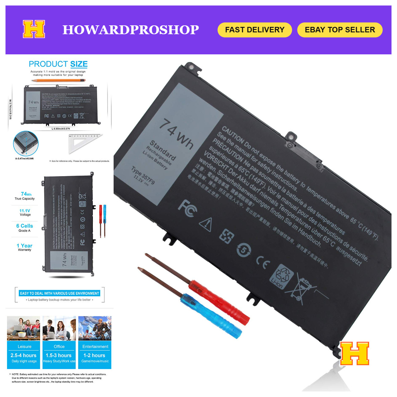 74Wh 6 Cell Li-ion Laptop Battery for Dell Inspiron 15 7000 Series 11.1V 11.4V