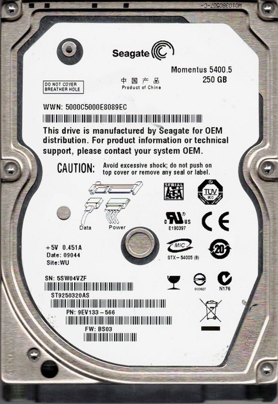 Seagate ST9250320AS P/N: 9EV133-566 250GB F/W: BS03 WU 5SW