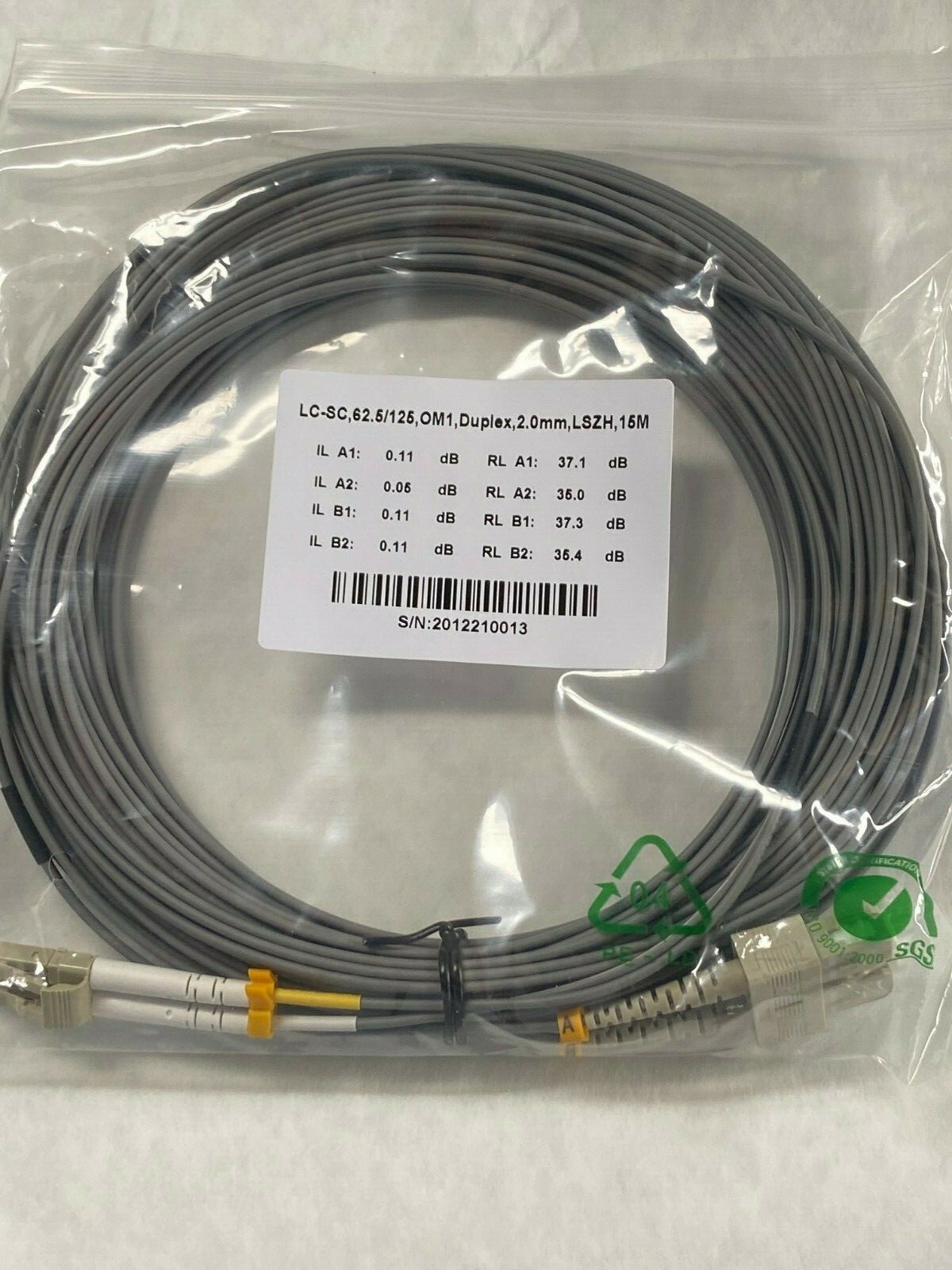 Fiber Optics Patch cord Jumper Om1 62.5/125  Duplex 2mm Gray Jacket LC-SC 15M 