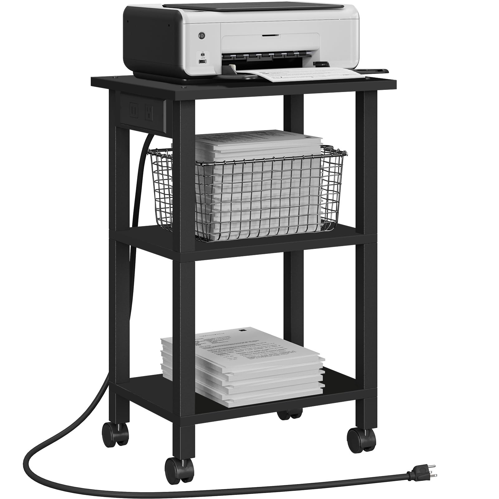 3Tier Rolling Printer Stand Cart Power Outlets USB Ports Wheels Greige 1 PCS