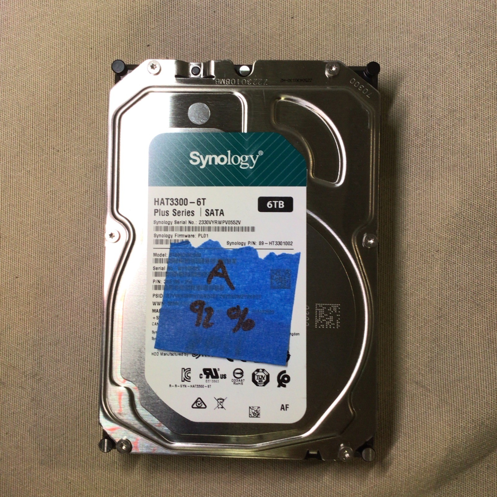 Synology 6TB Plus Series SATA III 3.5" HDD (HAT3300-6T) NIST WIPED Grade A