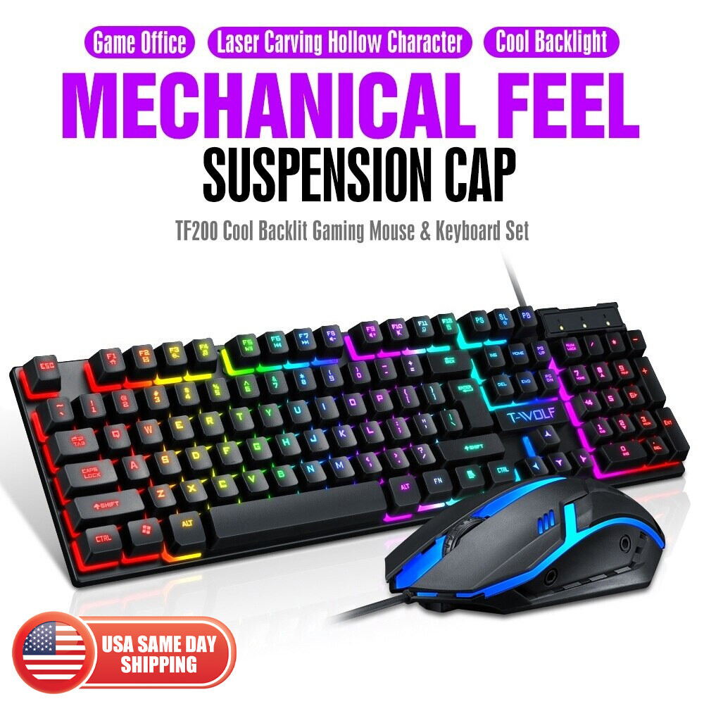 T-WOLF TF200 Gaming Office RGB USB Wired Keyboard Mouse Combo Set Black