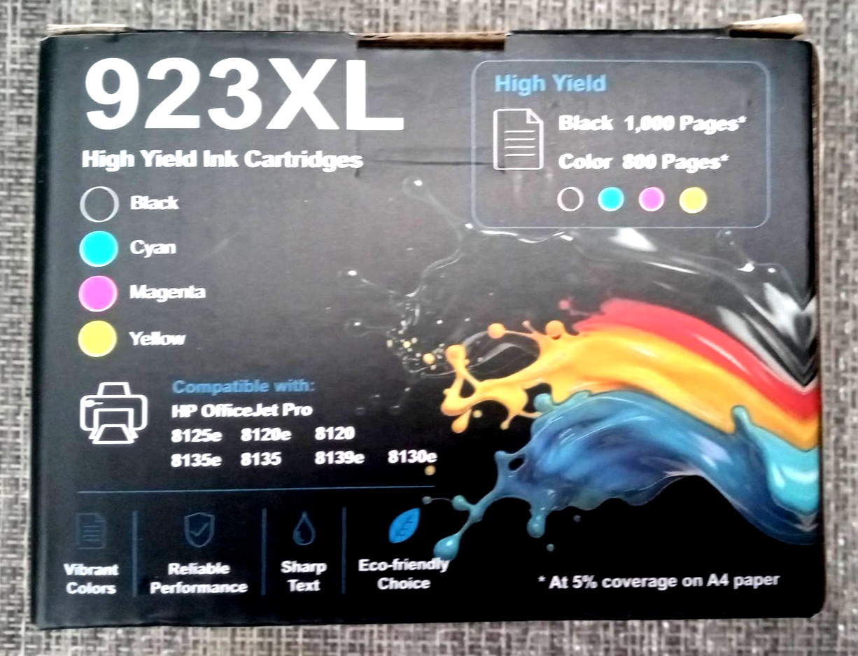 923XL Ink Cartridges Combo Pack for HP Black Cyan Magenta Yellow, NO CHIP, READ
