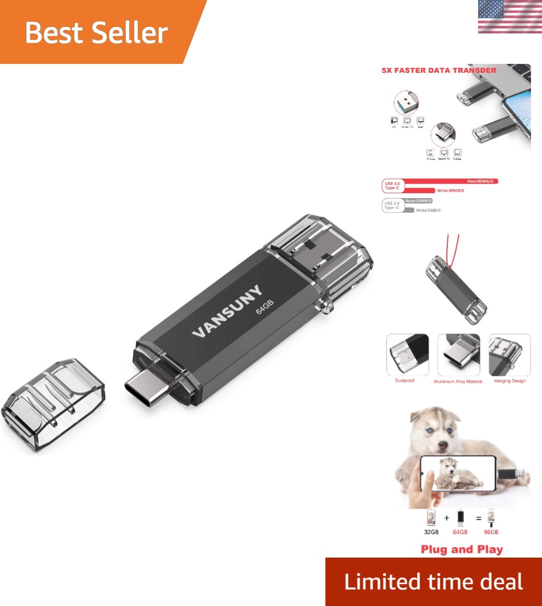 Effortless 64GB Flash Drive with Dual USB-C and USB 3.0 Connectivity