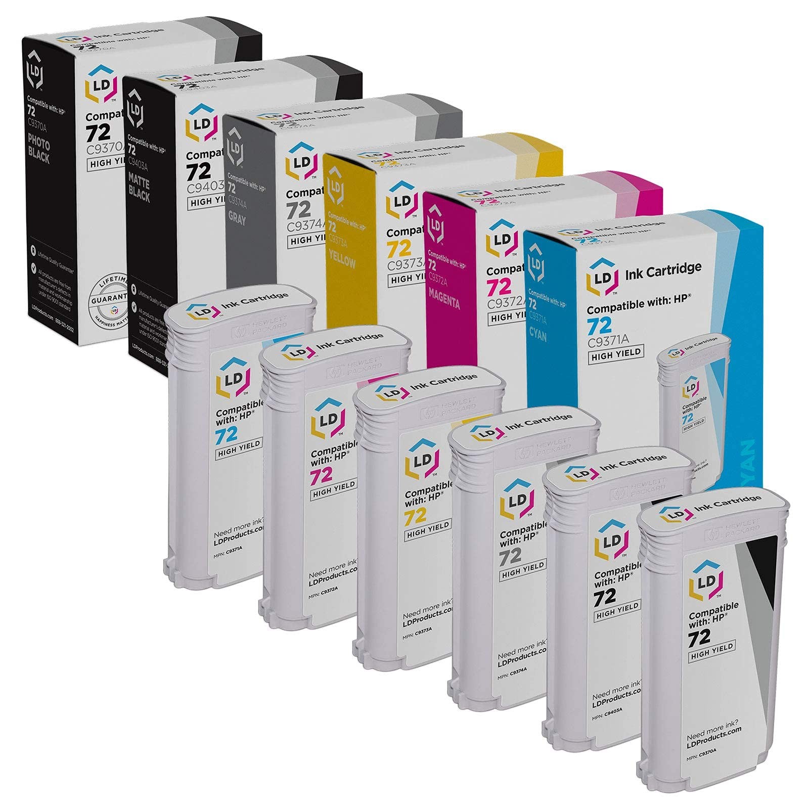 LD 6PK Replacements HP 72 Ink Cartridges HY PB Cyan Magenta Yellow Gray MB