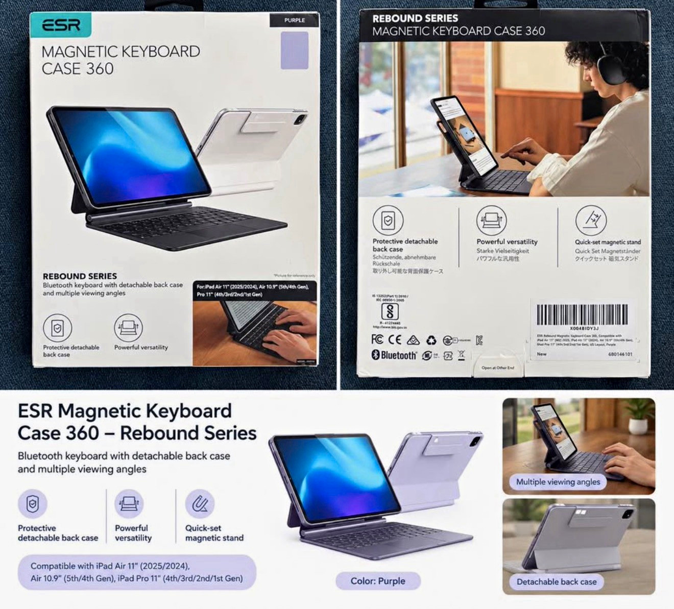 ESR Rebound Magnetic Bluetooth Keyboard Case, iPad Air 11/10.9 Pro 11 Purple