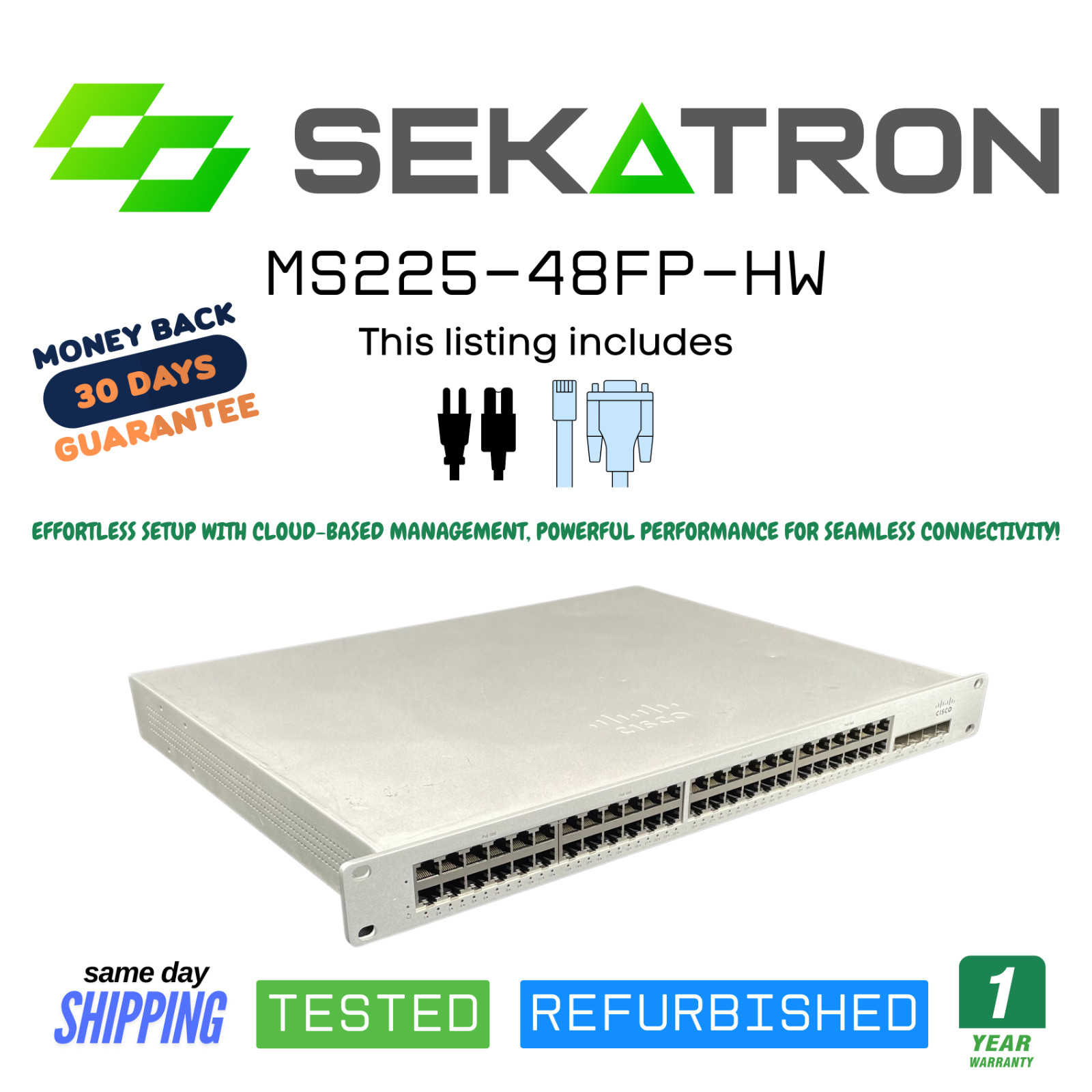 Unclaimed Meraki MS225-48FP-HW 48 Port Cloud Manage PoE Gigabit Switch Fast Ship
