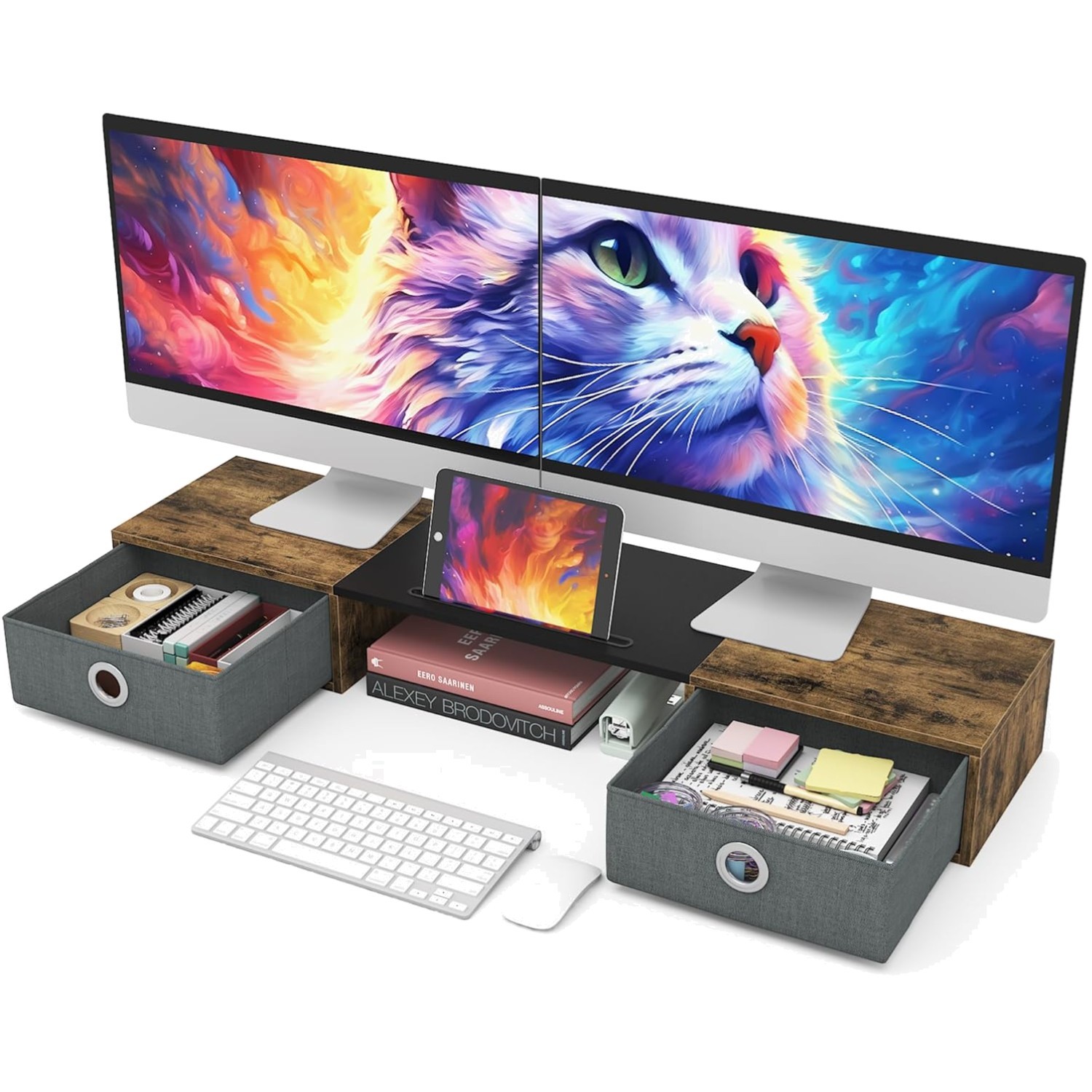 Rustic Brown Dual Monitor Riser with 2 Drawers - Ergonomic Desk Organizer