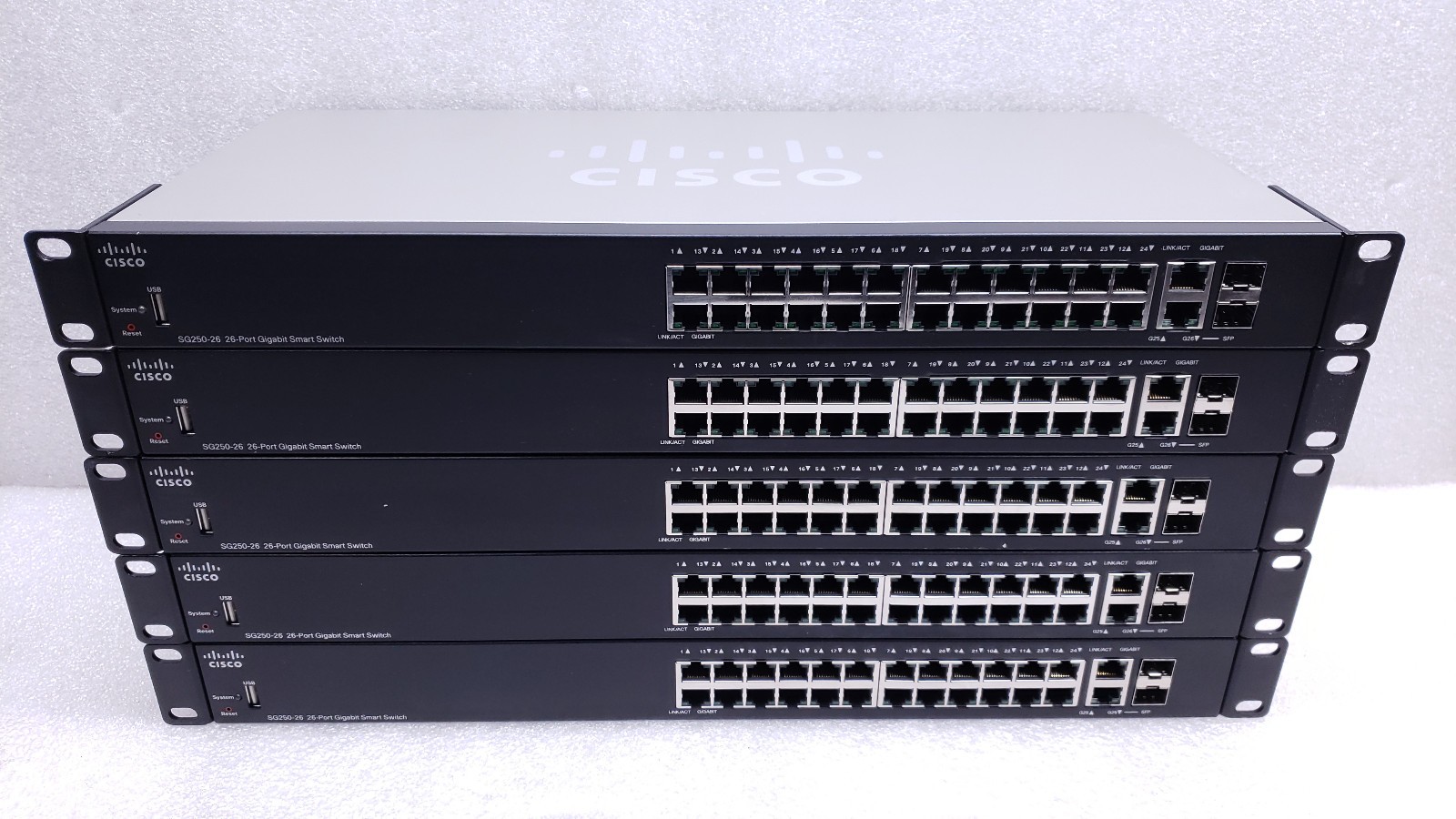 Lot Of 5 Cisco SG250-26 26-Port Gigabit Smart Switch 2 SFP Uplink Ports #99