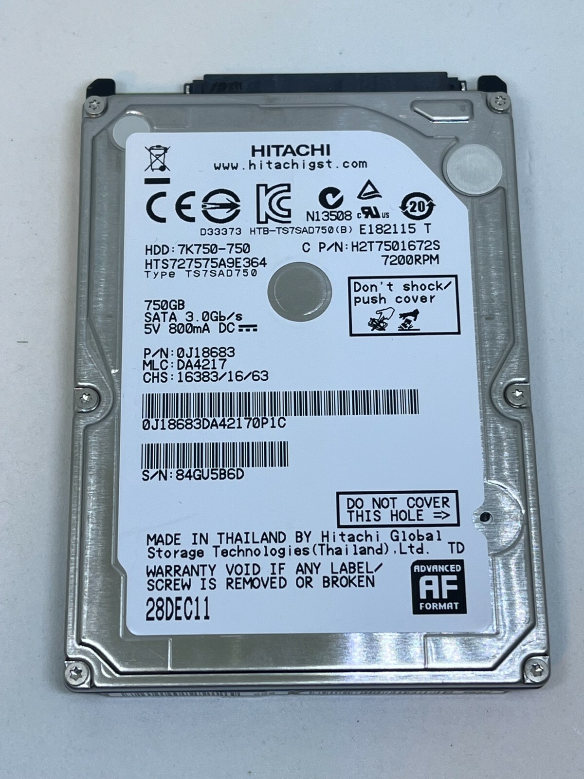 HITACHI 750GB HDD 2.5" 7200RPM SATA 3Gb/s 16MB Cache 7K750-750 #B6D