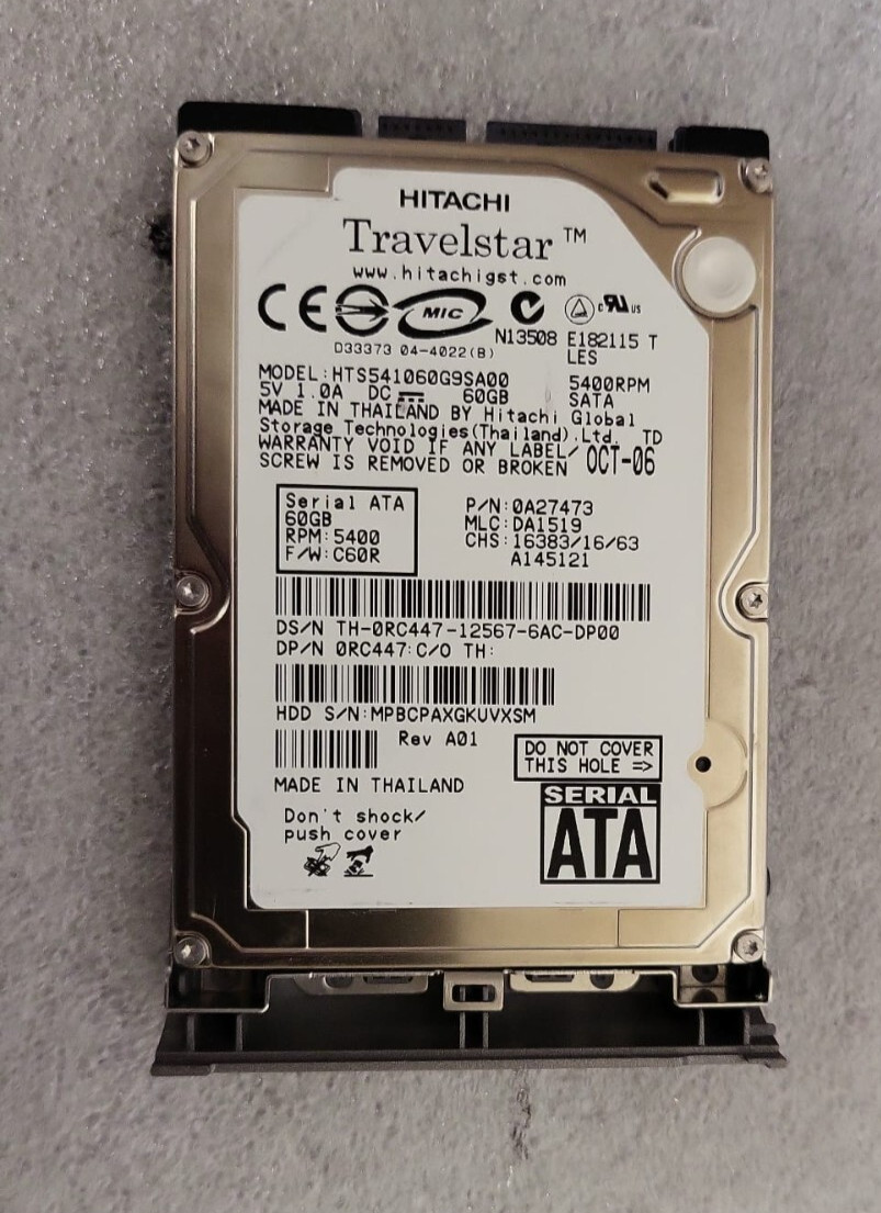60GB 5400rpm sata fw: C60R laptop hdd, HTS541060G9SA00, p/n 0A27473 mlc: DA1519