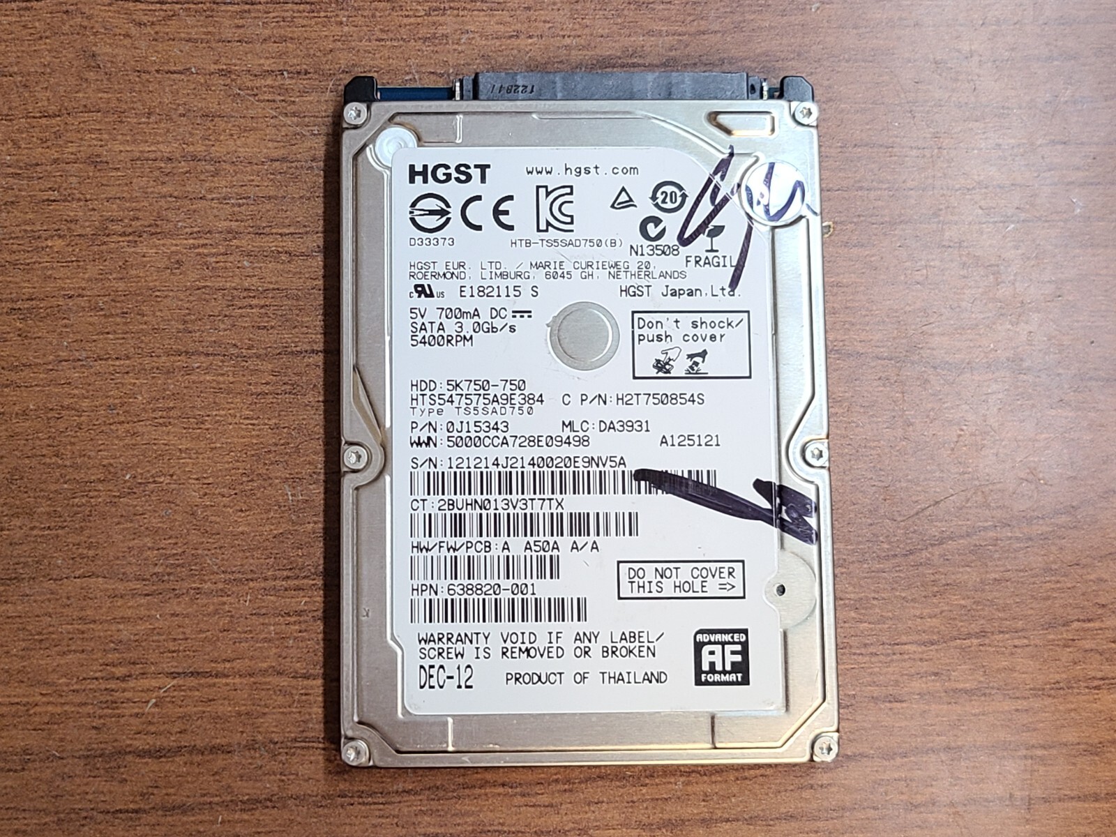 HGST 750GB 5400RPM HDD HARD DRIVE 638820-001 634250-005 HTS547575A9E384 0J15343
