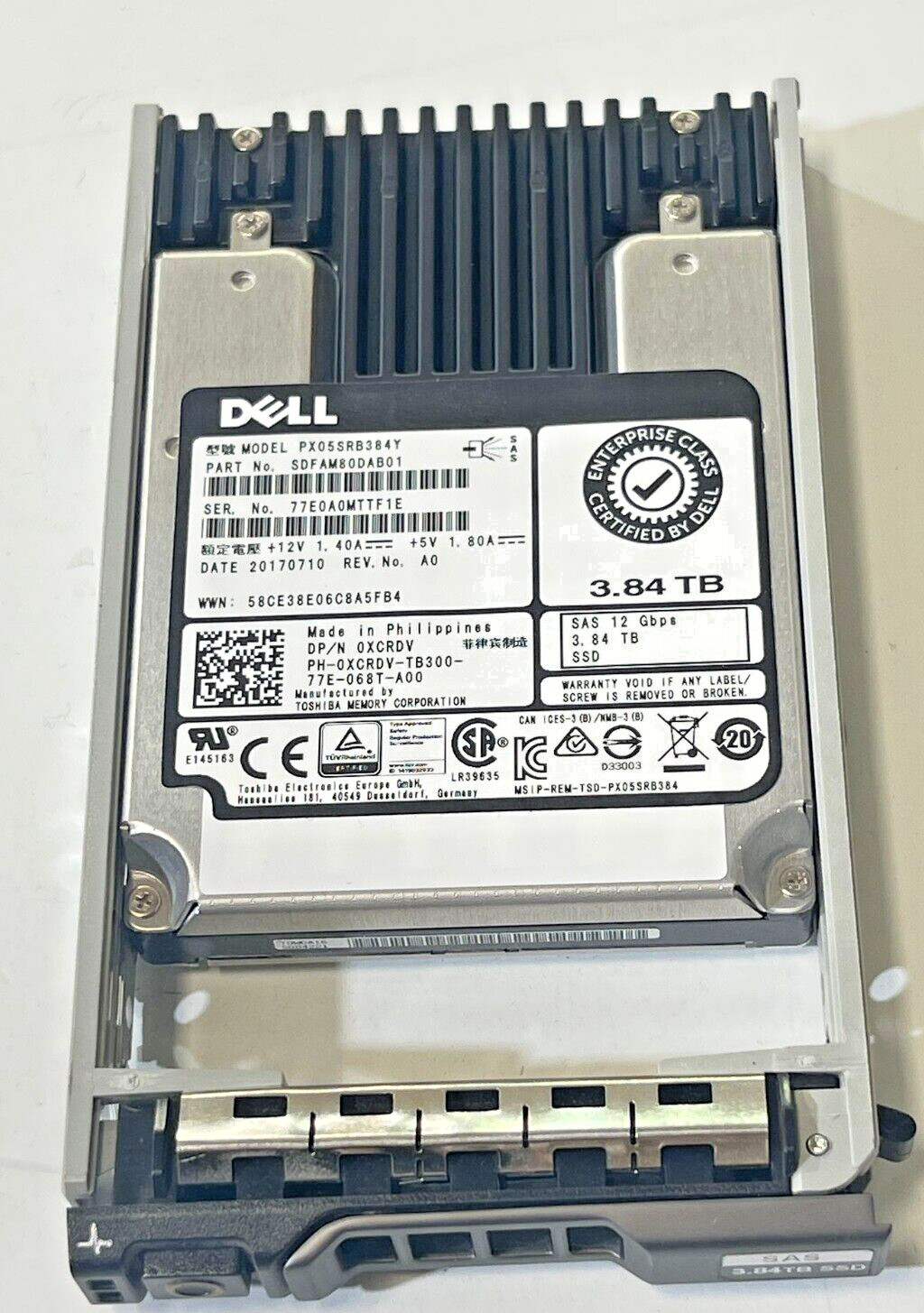 XCRDV DELL TOSHIBA 3.84TB  2.5" 12GBPS SAS SSD PX05SRB384Y 0XCRDV W/ TRAY