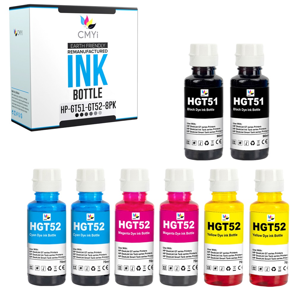 CMYi 8PK Compatible GT51 GT52 Ink Bottles Combo fits HP Ink Tank 115 116 310 315