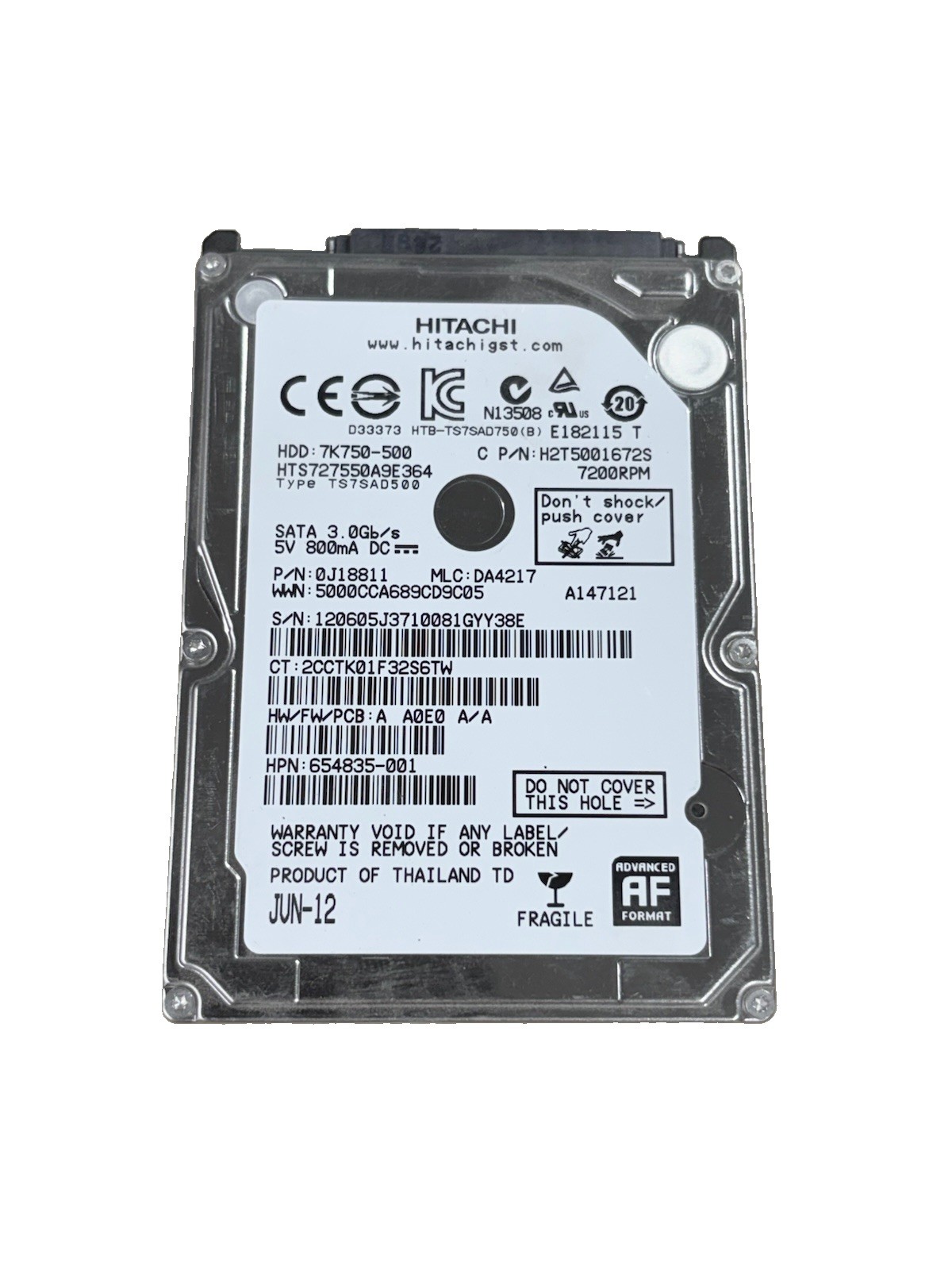 Hitachi Travelstar 500GB 7200RPM 2.5" SATA HDD HTS727550A9E364 Tested Good
