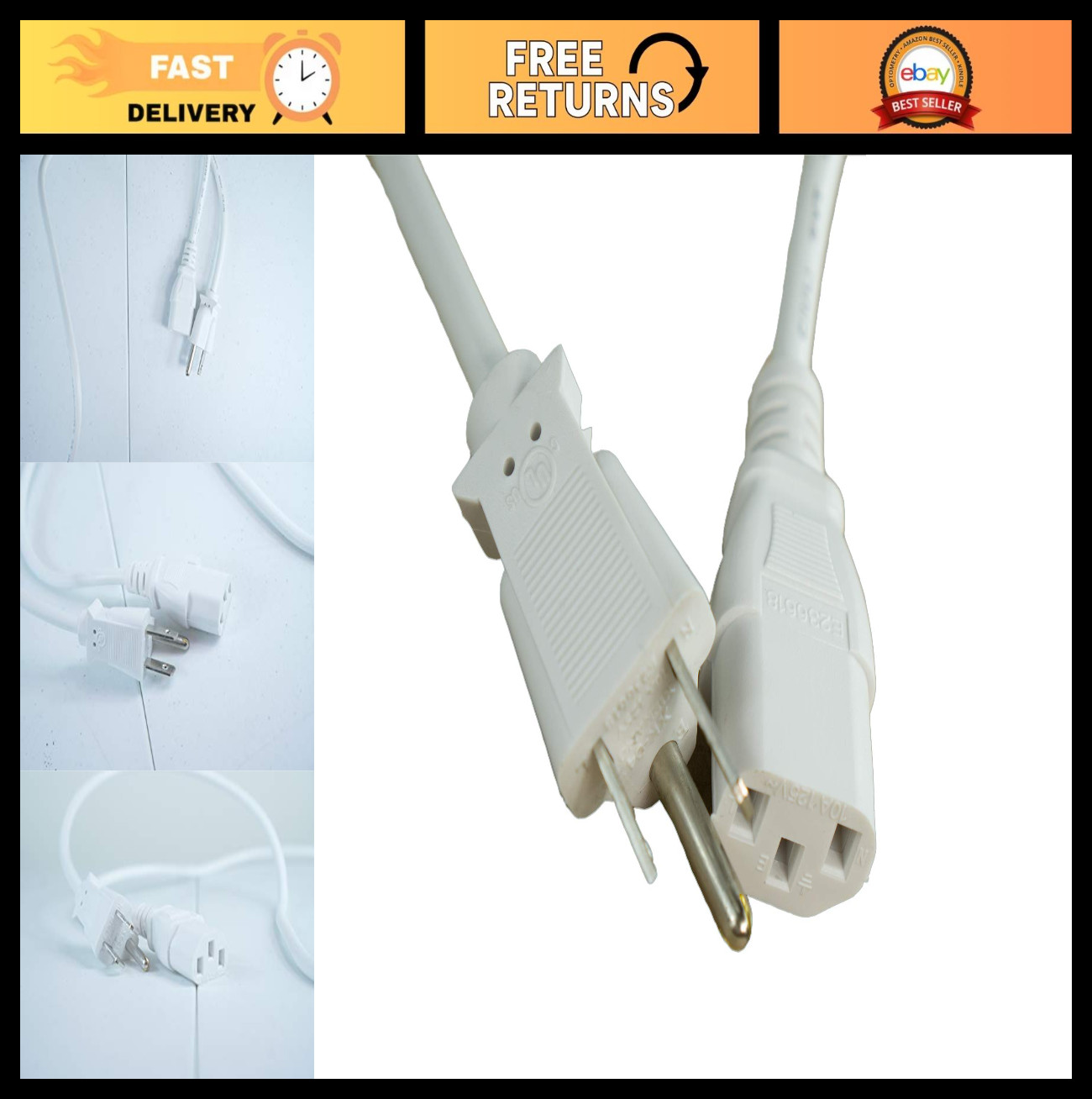 15FT White Universal 3-Prong Power Cord NEMA 5-15P to IEC320C13 18AWG 500W Max
