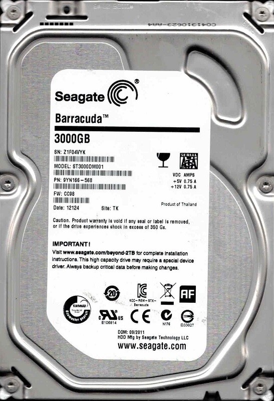 ST3000DM001 P/N: 9YN166-568 F/W: CC98 TK Z1F0 09/2011 Seagate 3TB
