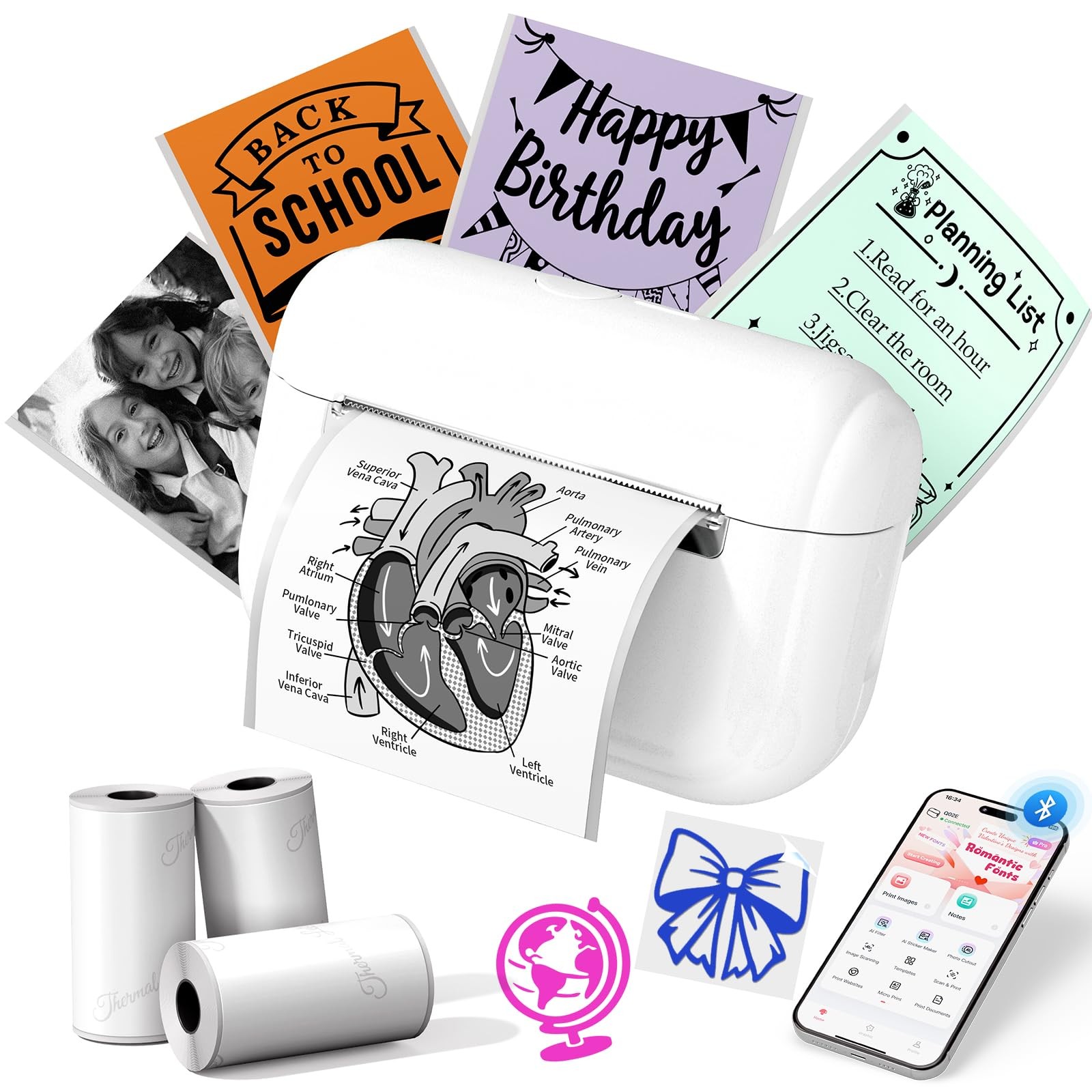 Memoking Mini Sticker Printer, Q02E Inkless Portable Mini, White