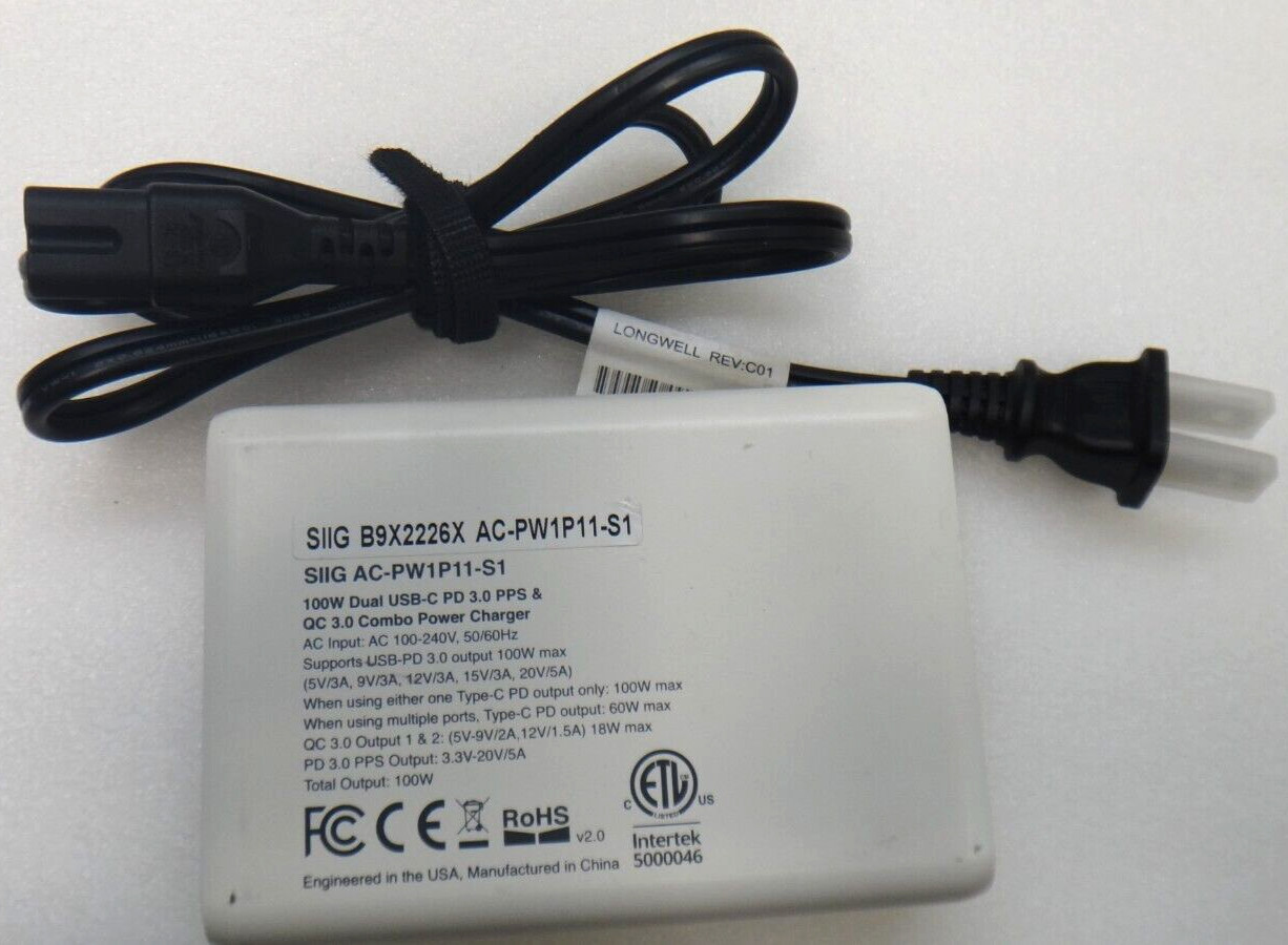 OEM SIIG 100W Dual USB-C PD & QC 3.0 Combo Power Charger - White (AC-PW1P11-S1)