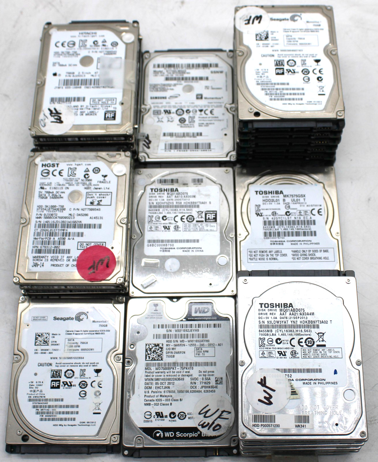 Lot 24 - Mix 750GB HHD SATA Hard Drive WD Seagate Toshiba HGST Samsung - Tested