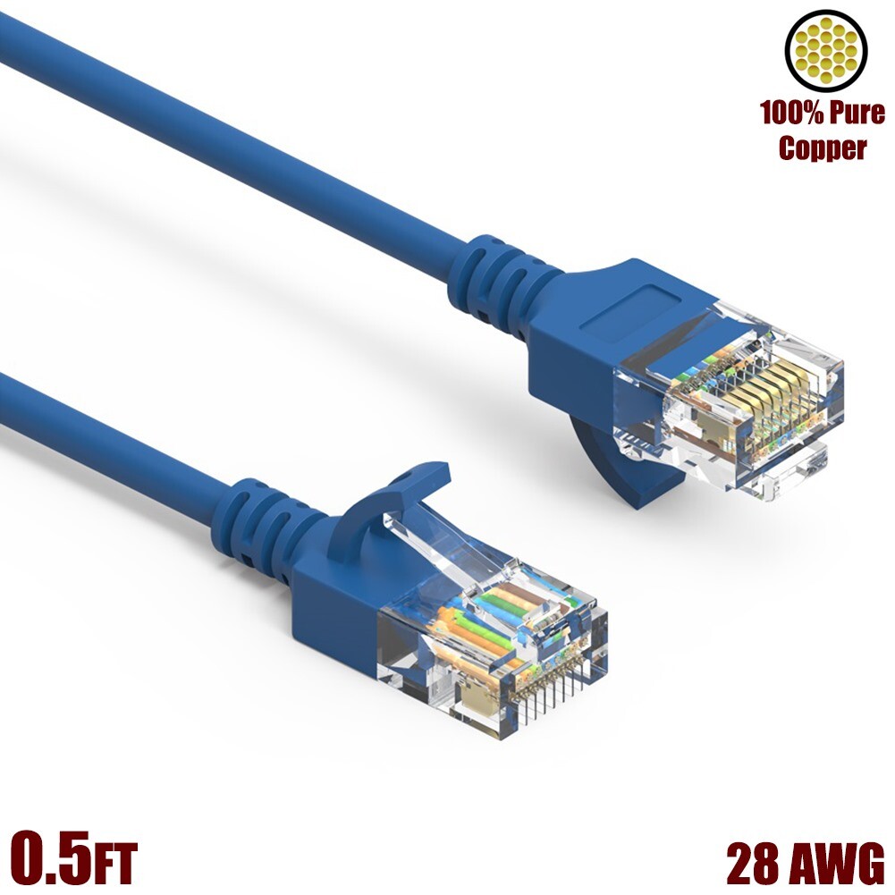 0.5 - 50FT Cat6A RJ45 SLIM Ethernet LAN Network UTP Cable Copper Wire 28AWG Blue