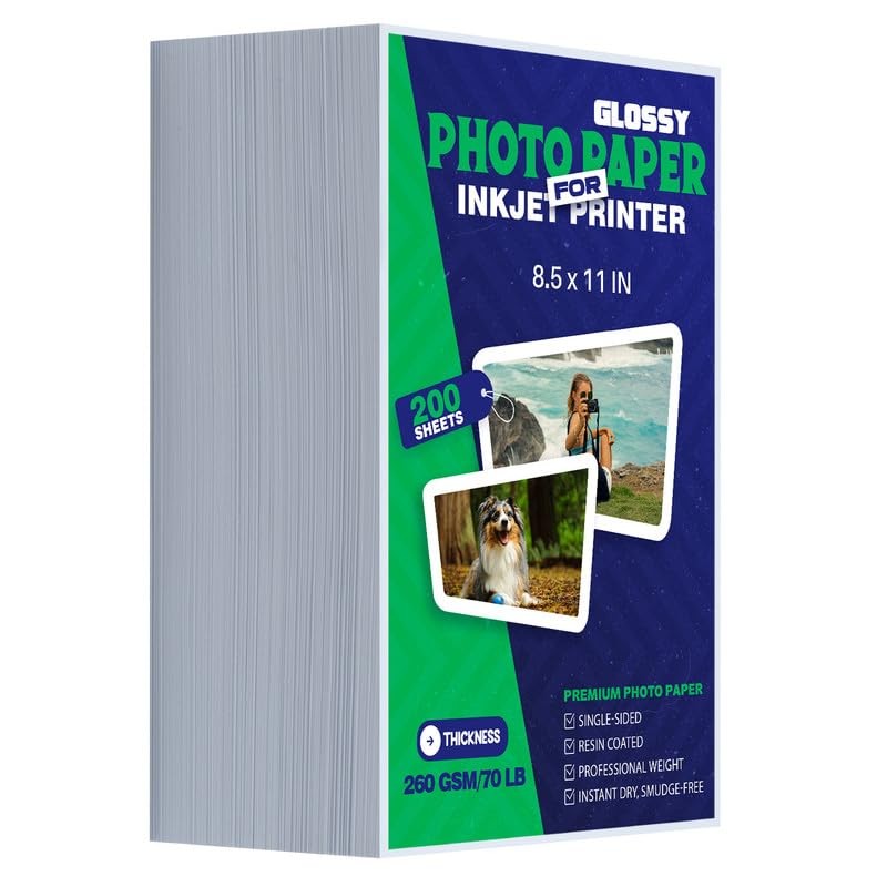 Glossy Photo Paper 8.5x11 Inch 70LB 260GSM 200 PCS Single Sided Inkjet Dry