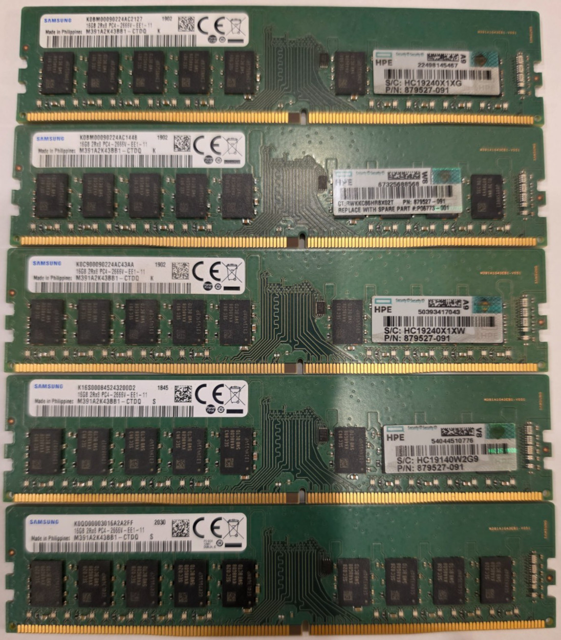 LOT of 5 Samsung 16GB PC4-2666V-EE1 DDR4 ECC UDIMM Memory Ram M391A2K43BB1-CTD
