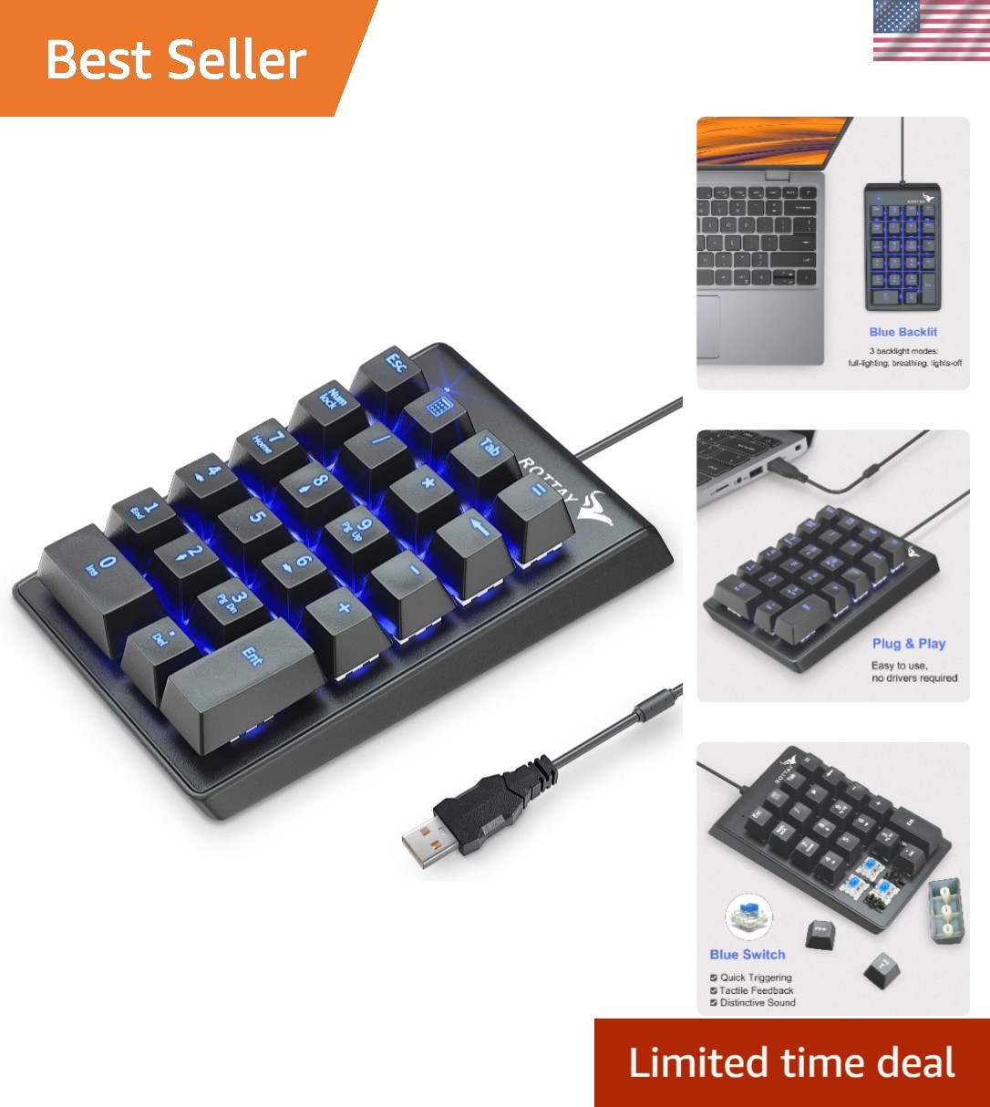 Blue Backlit 22-Key USB Mechanical Numpad for Laptops & PCs - Lightweight Design