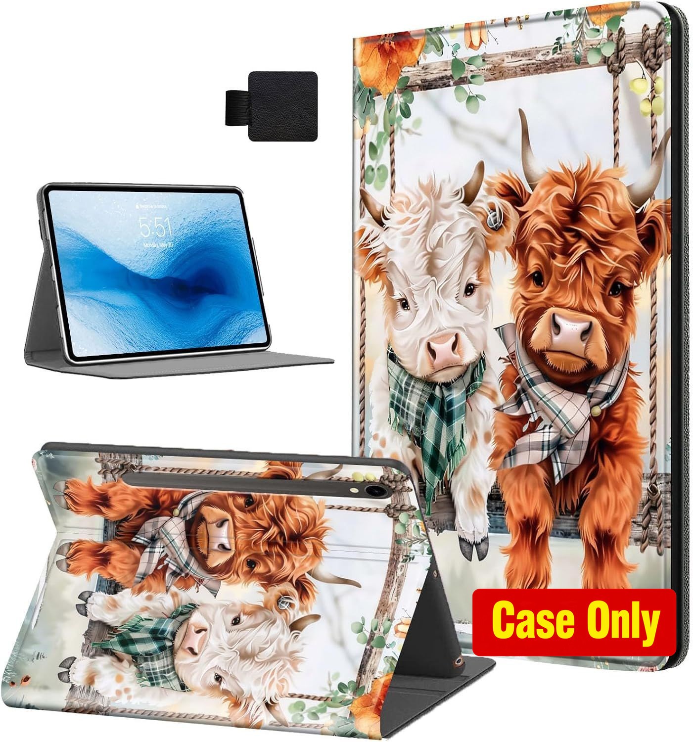 Case for Samsung Galaxy Tab S9/S9 FE, Auto Sleep/Wake, Cute Highland Cow Design