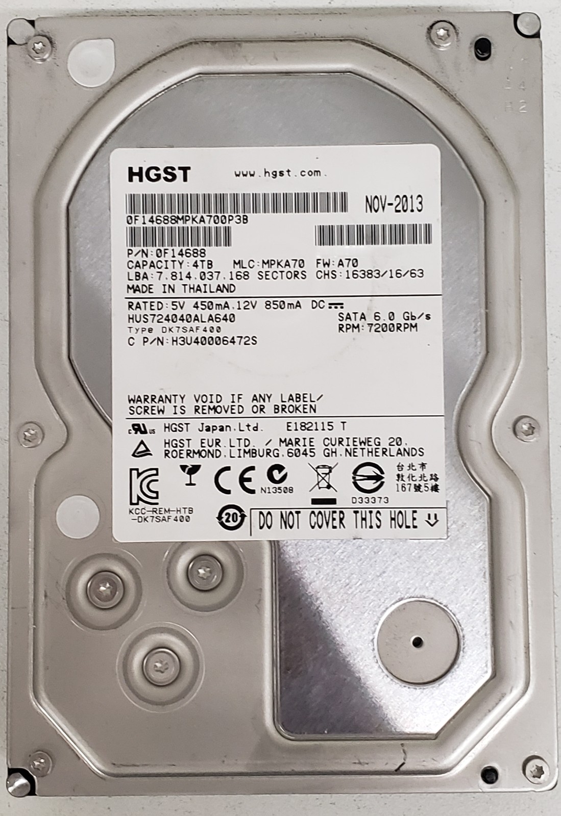 HGST HUS724040ALA640 4TB 3.5" SATA 6Gb/s 7200RPM HDD P/N: 0F14688