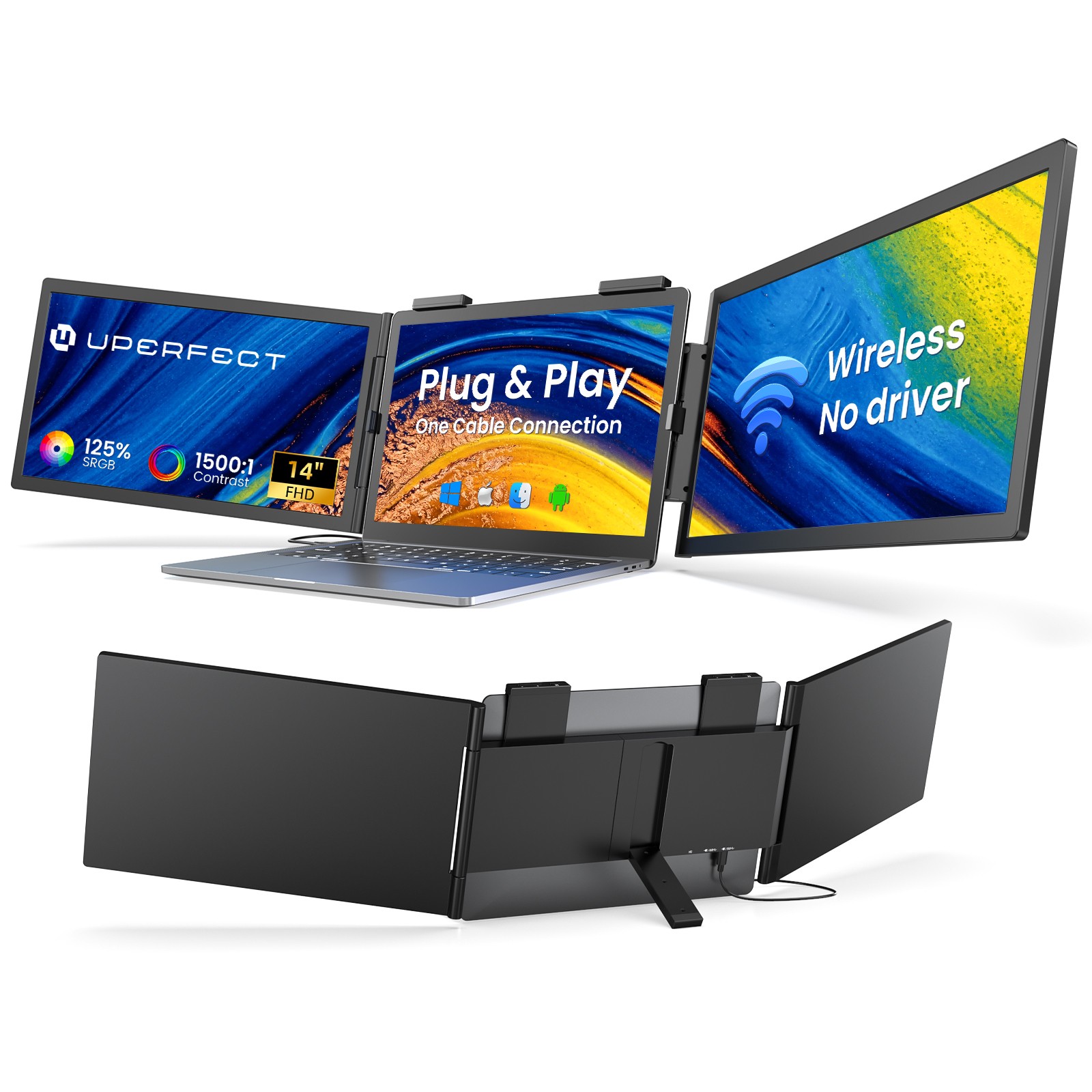 UPERFECT Laptop Screen Extender 14'' Wireless Triple Portable Monitor 1080P FHD