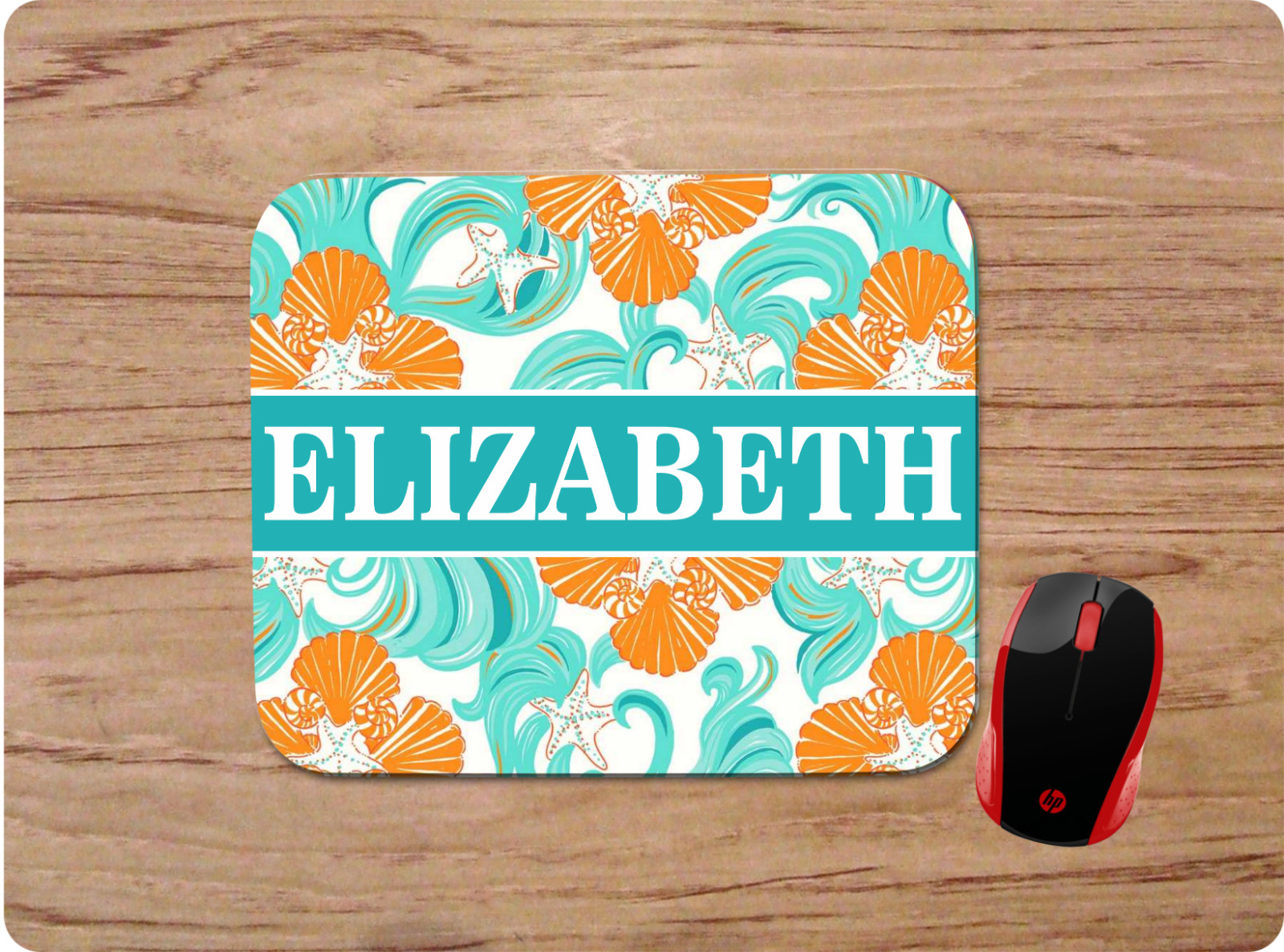 LILLY INSPIRED TEAL SEASHELL PRINT PERSONALIZED NAME MOUSE PAD HOME OFFICE GIFT