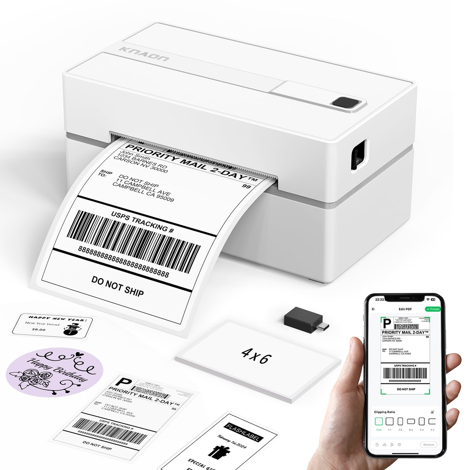 KNAON Bluetooth Thermal Shipping Label Printer, 4x6 Portable Thermal Address ...
