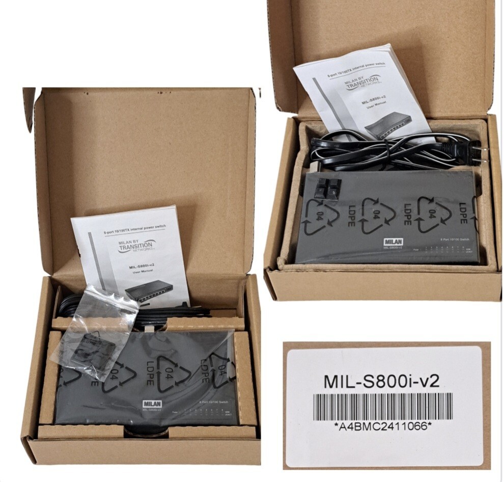 Set Of 2 MILAN MIL-S800i-v2 Transition Networks 8 Ethernet Ports 10/100BASE-TX