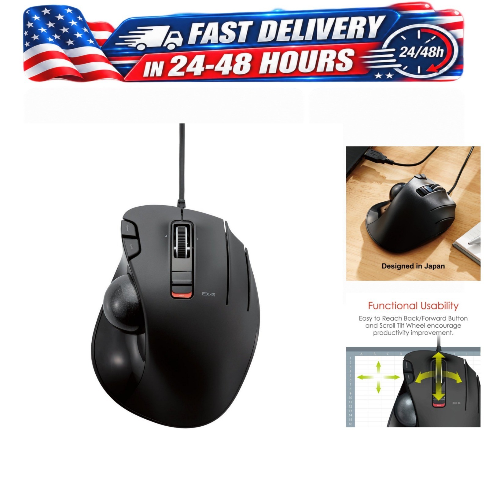 ELECOM EX-G Wired Trackball Mouse Ergonomic Thumb Control 6 Buttons 1500 DPI