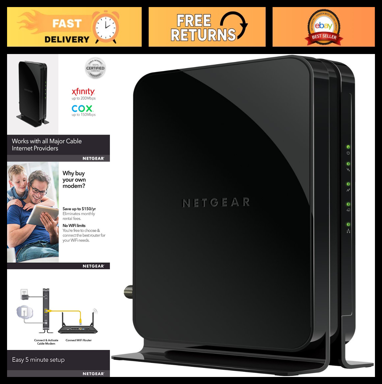 High-Speed DOCSIS 3.0 Cable Modem for Xfinity, Cox - Up to 400 Mbps, Easy Setup