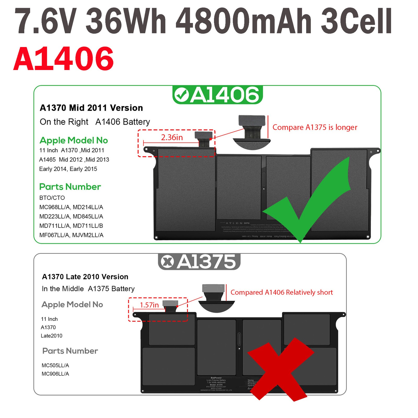 ✅LOT A1406 Battery For Apple MacBook Air 11" A1370 A1495 Mid 2011 2012 2013 2014