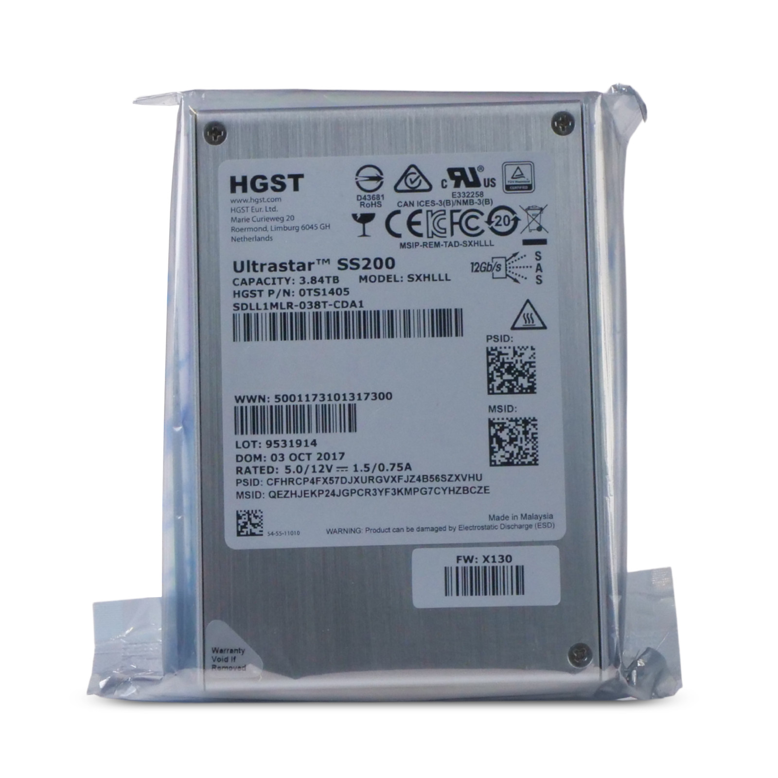 HGST DC SS200 3.84TB SDLL1MLR-038T-CDA1 0TS1405 SAS 12Gb/s MLC 1 DWPD 2.5" SSD