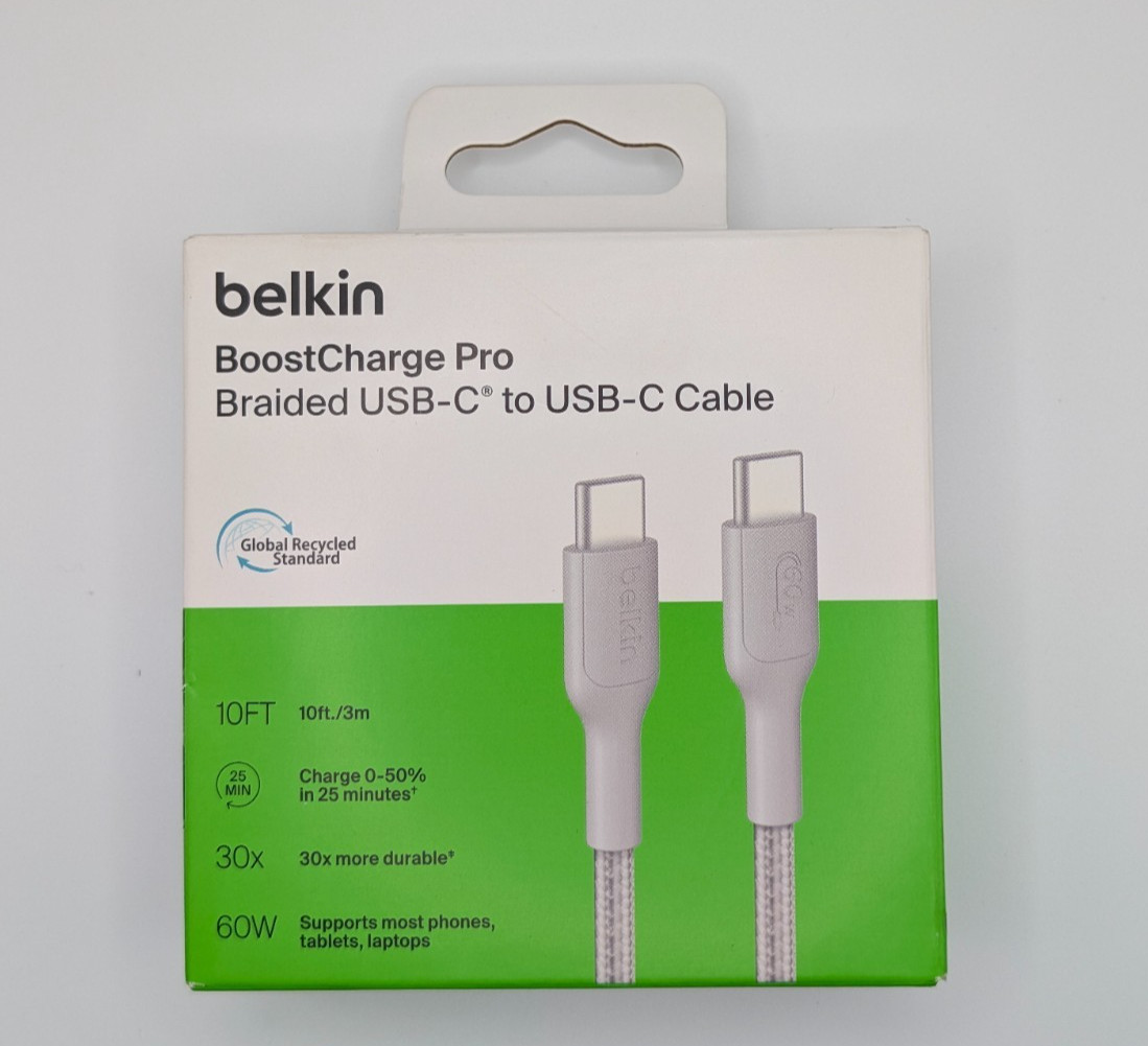 Belkin BoostCharge Braided USB-C to USB-C Cable, White Open Box New 10ft 60W