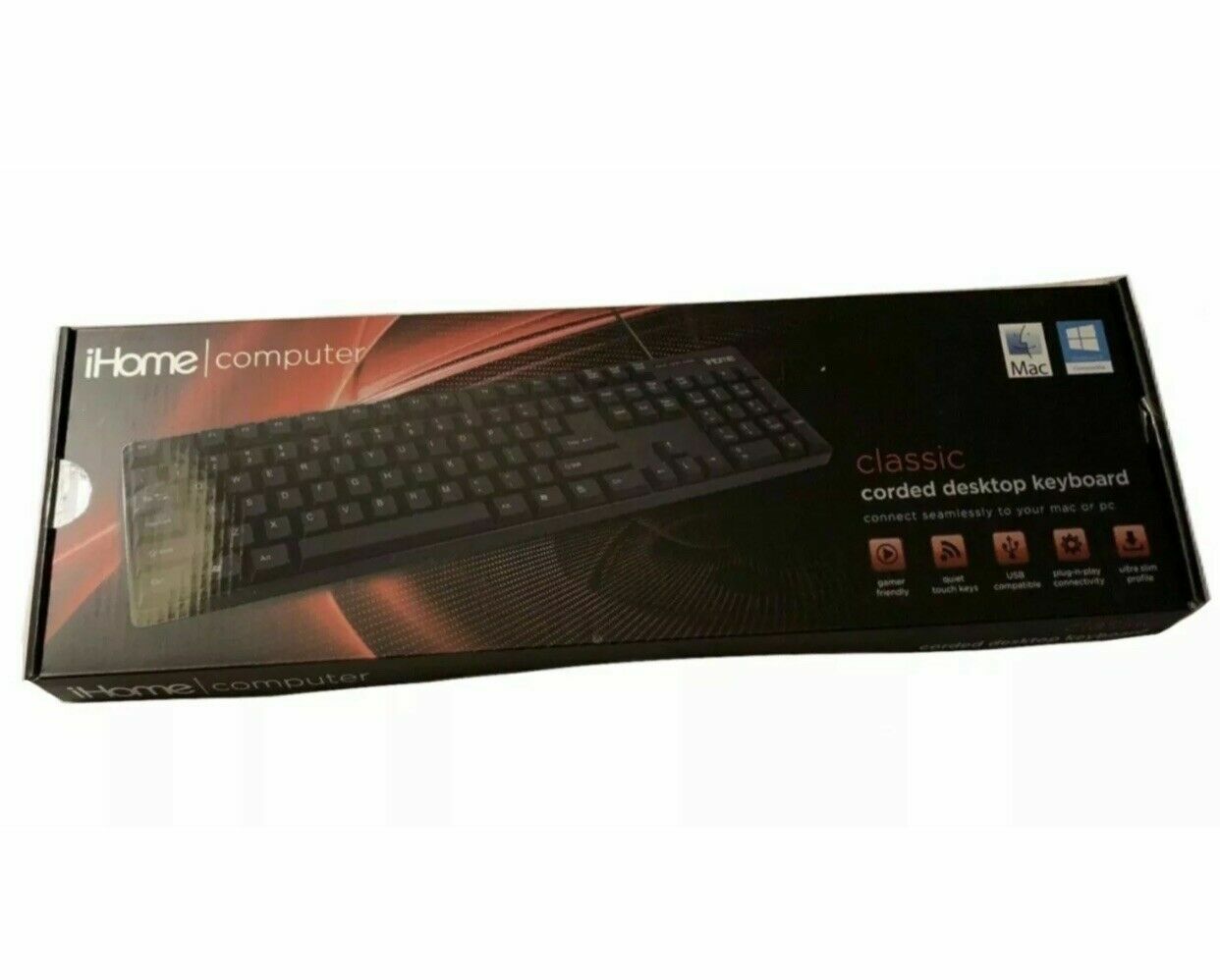iHome Classic Corded Quiet Touch Slim Full Size USB Desktop Keyboard