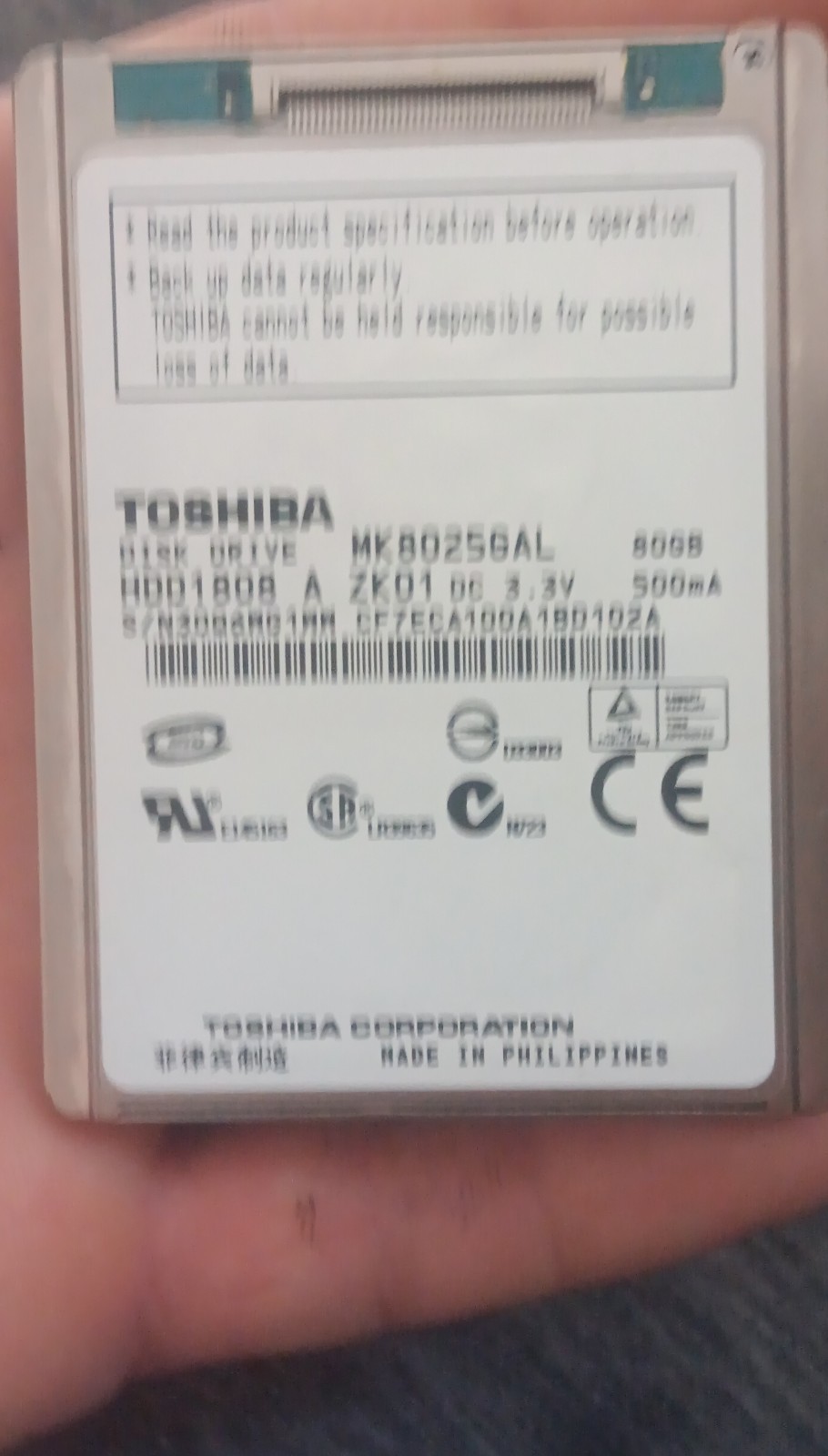 Toshiba MK8025GAL 80GB 1.8in HDD1808 Internal Laptop Hard Drive Silver