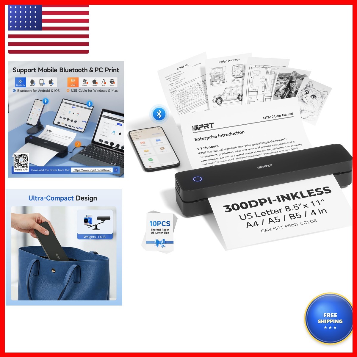 iDPRT MT610 Portable Printer 8.5x11 US Letter 300DPI Black Bluetooth