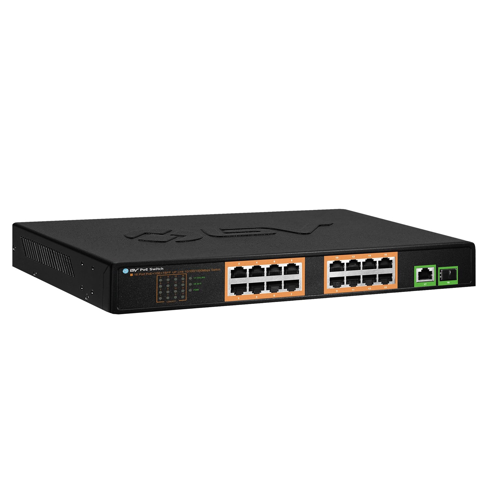 BV-Tech 18-Port Gigabit PoE+ Switch | 18 Port (16 Ports + 2 uplinks), Black